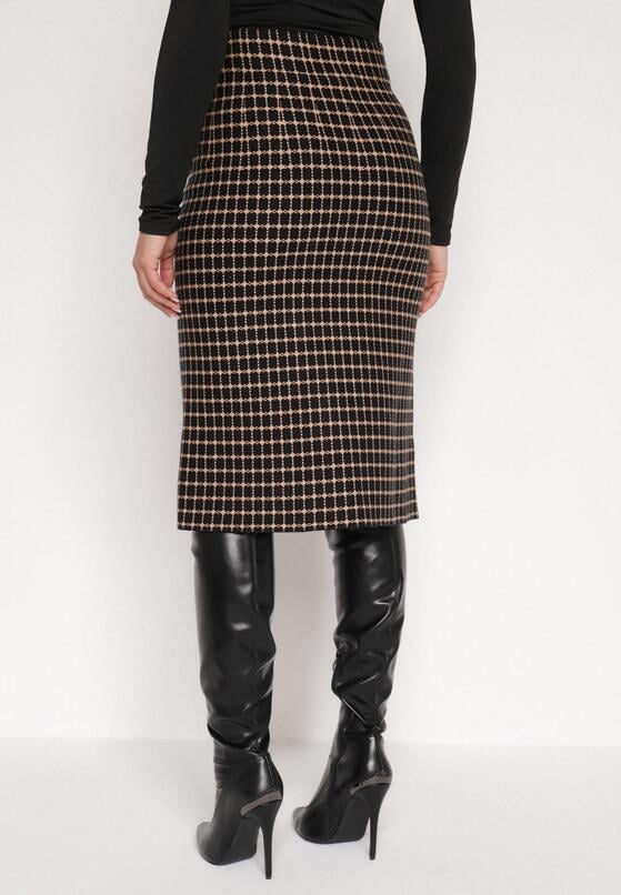 Czarno-Beżowa Ołówkowa Tweedowa Spódnica w Kraciasty Wzór z Guzikami Anitusa 3