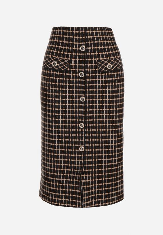 Czarno-Beżowa Ołówkowa Tweedowa Spódnica w Kraciasty Wzór z Guzikami Anitusa 6