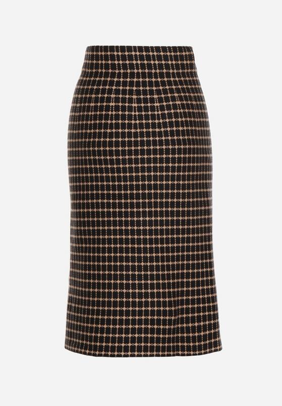 Czarno-Beżowa Ołówkowa Tweedowa Spódnica w Kraciasty Wzór z Guzikami Anitusa 7