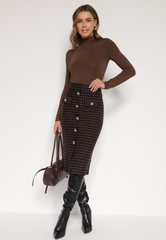 Czarna Ołówkowa Tweedowa Spódnica w Kraciasty Wzór z Guzikami Anitusa 2
