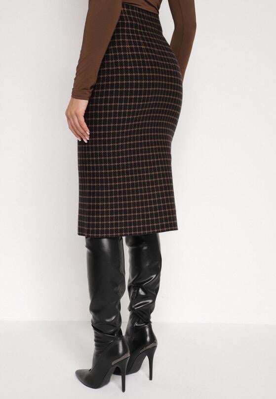 Czarna Ołówkowa Tweedowa Spódnica w Kraciasty Wzór z Guzikami Anitusa 3