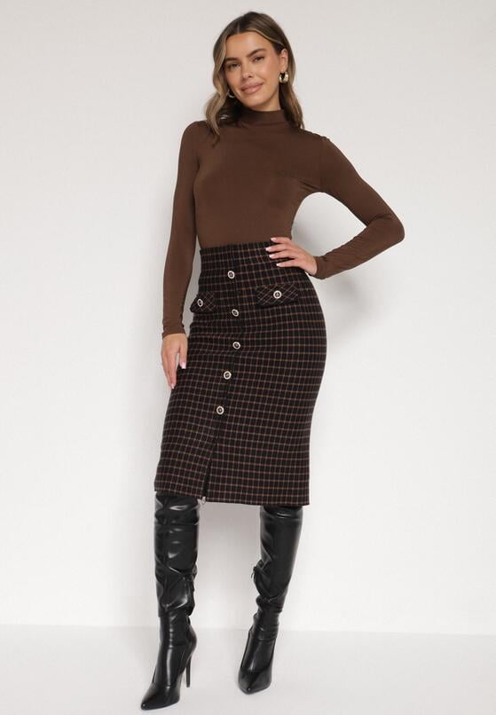 Czarna Ołówkowa Tweedowa Spódnica w Kraciasty Wzór z Guzikami Anitusa 4