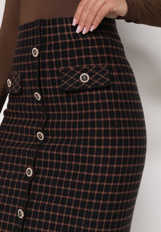 Czarna Ołówkowa Tweedowa Spódnica w Kraciasty Wzór z Guzikami Anitusa 5
