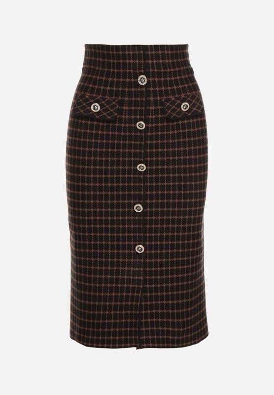 Czarna Ołówkowa Tweedowa Spódnica w Kraciasty Wzór z Guzikami Anitusa 6