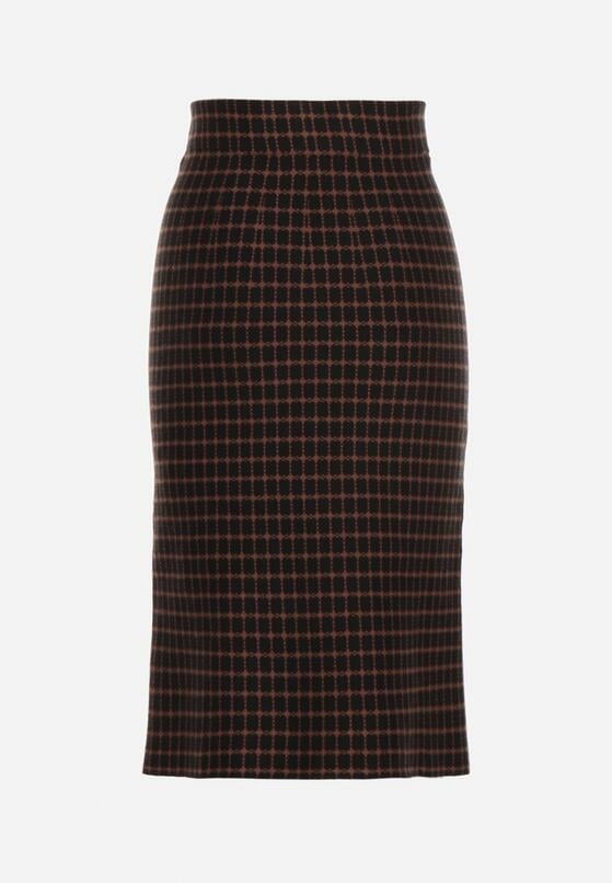 Czarna Ołówkowa Tweedowa Spódnica w Kraciasty Wzór z Guzikami Anitusa 7