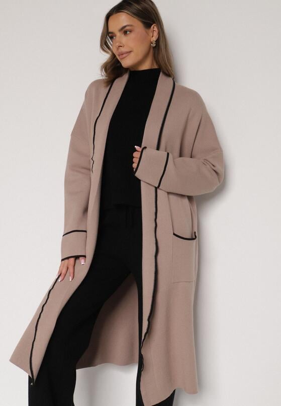 Beżowy Długi Niezapinany Kardigan Ozdobiony Lamówką Veritusa 1