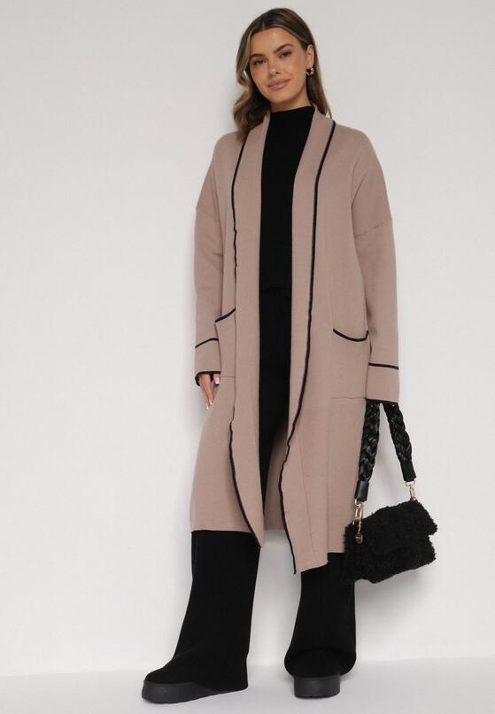 Beżowy Długi Niezapinany Kardigan Ozdobiony Lamówką Veritusa 2