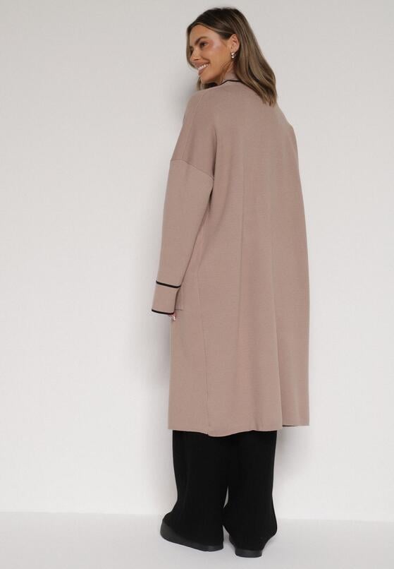 Beżowy Długi Niezapinany Kardigan Ozdobiony Lamówką Veritusa 3