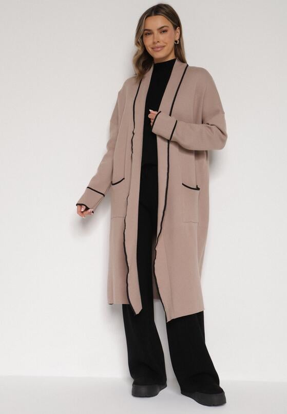 Beżowy Długi Niezapinany Kardigan Ozdobiony Lamówką Veritusa 4