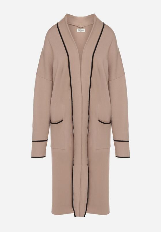 Beżowy Długi Niezapinany Kardigan Ozdobiony Lamówką Veritusa 6