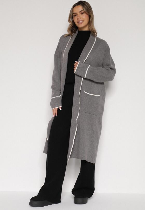 Szary Długi Niezapinany Kardigan Ozdobiony Lamówką Veritusa 1