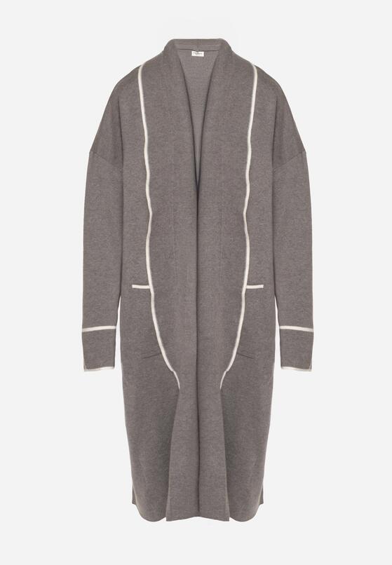 Szary Długi Niezapinany Kardigan Ozdobiony Lamówką Veritusa 6