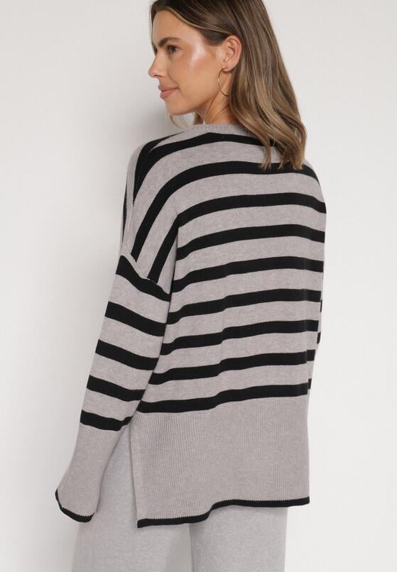 Czarno-Szary Sweter o Kroju Oversize z Motywem Pasków Irtusa 3