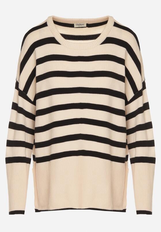 Czarno-Kremowy Sweter o Kroju Oversize z Motywem Pasków Irtusa 6