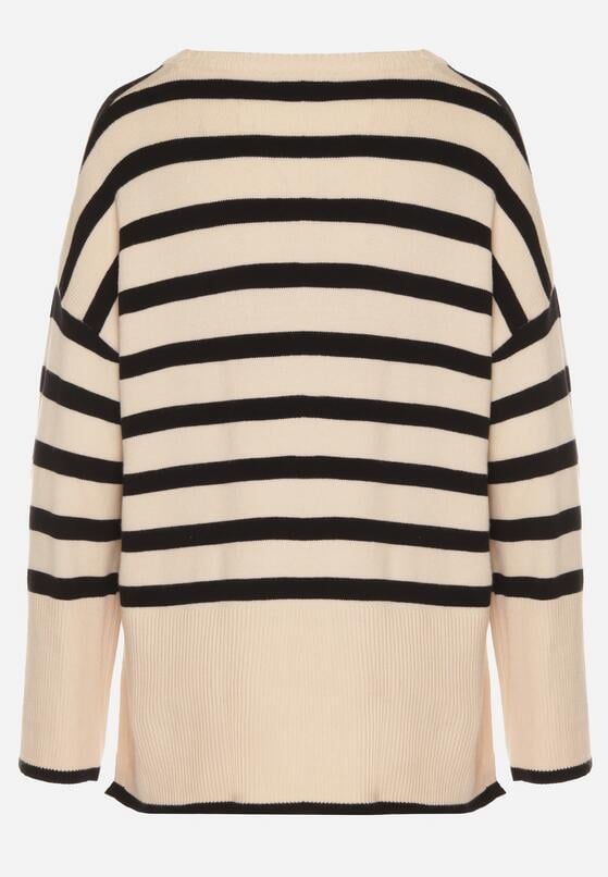 Czarno-Kremowy Sweter o Kroju Oversize z Motywem Pasków Irtusa 7