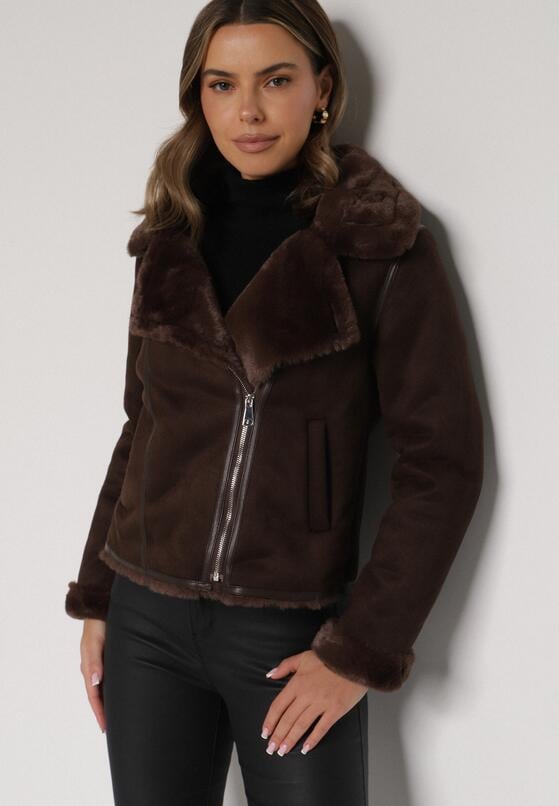 Brązowa Kurtka Biker z Imitacji Zamszu z Futrzanymi Mankietami i Kołnierzem Awedine 1