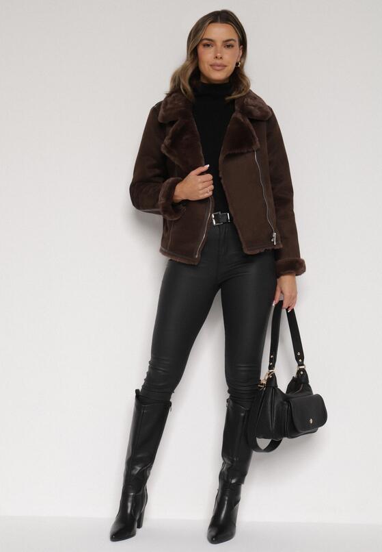 Brązowa Kurtka Biker z Imitacji Zamszu z Futrzanymi Mankietami i Kołnierzem Awedine 2