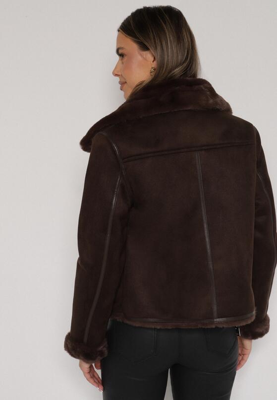 Brązowa Kurtka Biker z Imitacji Zamszu z Futrzanymi Mankietami i Kołnierzem Awedine 3