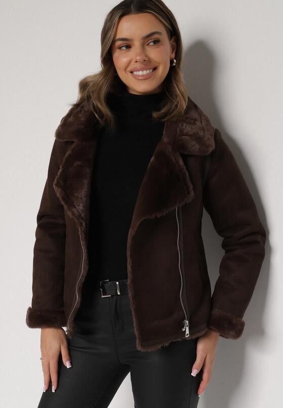 Brązowa Kurtka Biker z Imitacji Zamszu z Futrzanymi Mankietami i Kołnierzem Awedine 4