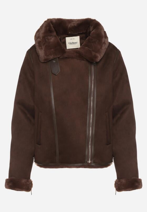 Brązowa Kurtka Biker z Imitacji Zamszu z Futrzanymi Mankietami i Kołnierzem Awedine 6