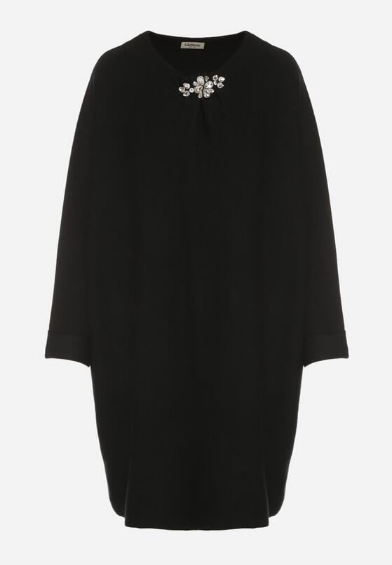 Czarna Sweterkowa Sukienka o Kroju Oversize z Cyrkoniami Tusalia 6