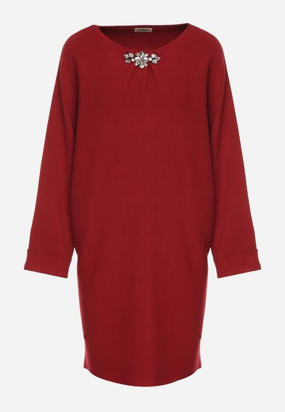 Czerwona Sweterkowa Sukienka o Kroju Oversize z Cyrkoniami Tusalia 6