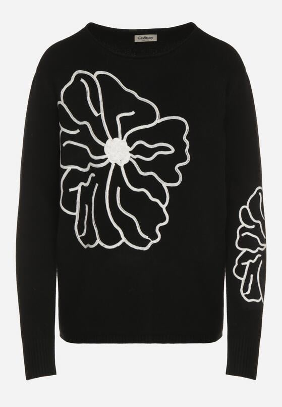 Czarny Sweter Ozdobiony Haftowanymi Kwiatami Halatusea 6