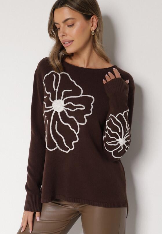 Brązowy Sweter Ozdobiony Haftowanymi Kwiatami Halatusea 1