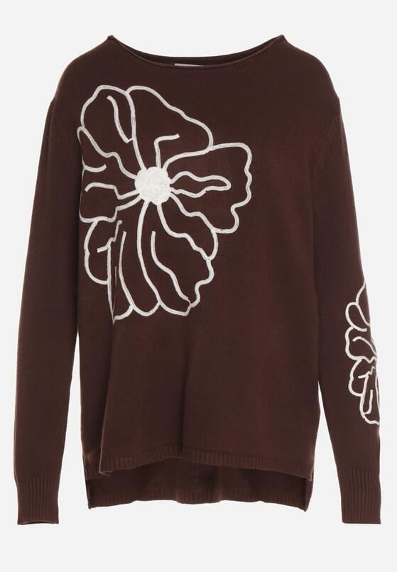 Brązowy Sweter Ozdobiony Haftowanymi Kwiatami Halatusea 6