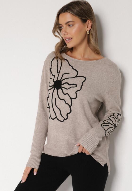 Beżowy Sweter Ozdobiony Haftowanymi Kwiatami Halatusea 4