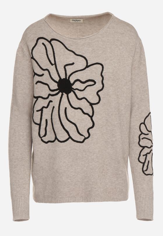 Beżowy Sweter Ozdobiony Haftowanymi Kwiatami Halatusea 6
