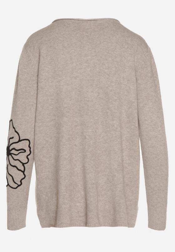 Beżowy Sweter Ozdobiony Haftowanymi Kwiatami Halatusea 7