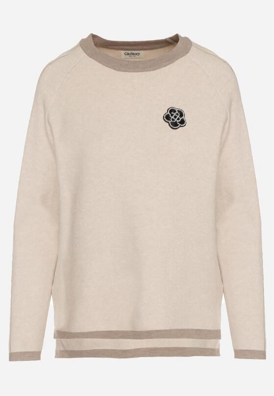 Beżowy Sweter Ozdobiony Paskami i Aplikacją Tusanne 6