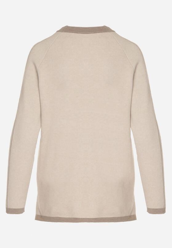 Beżowy Sweter Ozdobiony Paskami i Aplikacją Tusanne 7