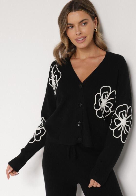 Czarny Kardigan na Guziki w Haftowane Kwiaty Tustara 2