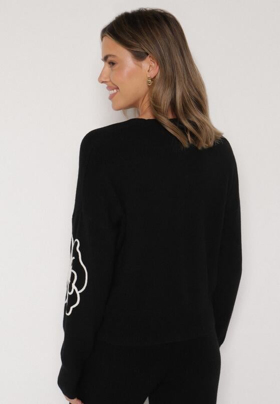 Czarny Kardigan na Guziki w Haftowane Kwiaty Tustara 3