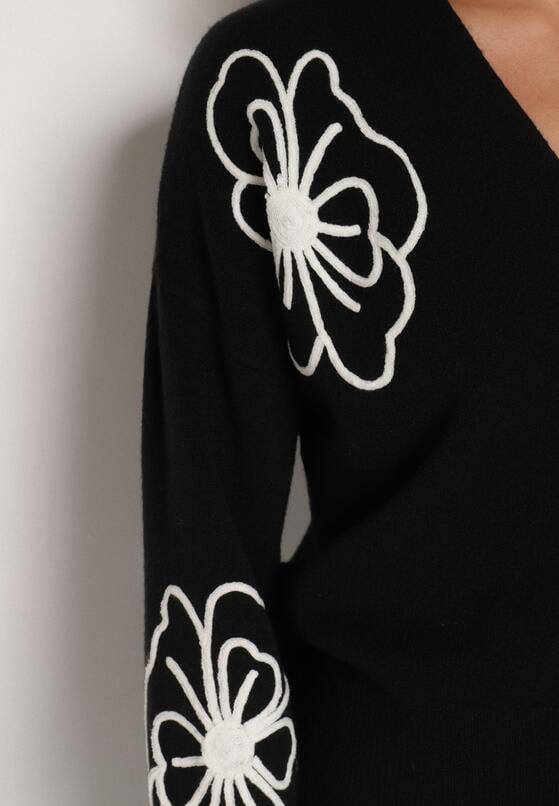 Czarny Kardigan na Guziki w Haftowane Kwiaty Tustara 5