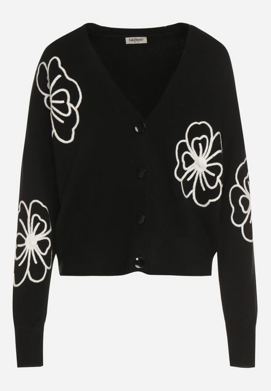Czarny Kardigan na Guziki w Haftowane Kwiaty Tustara 6