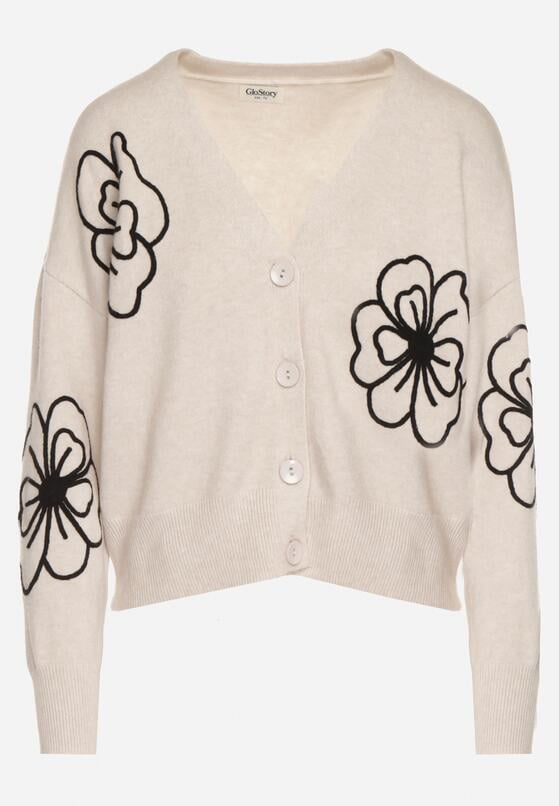 Beżowy Kardigan na Guziki w Haftowane Kwiaty Tustara 6
