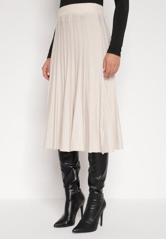 Beżowa Rozkloszowana Plisowana Spódnica Dzianinowa Tussana 1