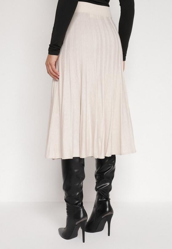 Beżowa Rozkloszowana Plisowana Spódnica Dzianinowa Tussana 3