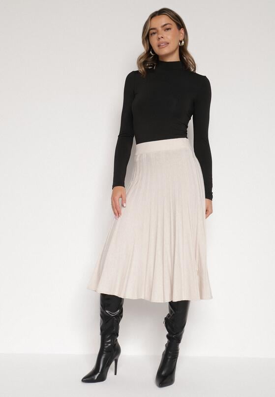 Beżowa Rozkloszowana Plisowana Spódnica Dzianinowa Tussana 4