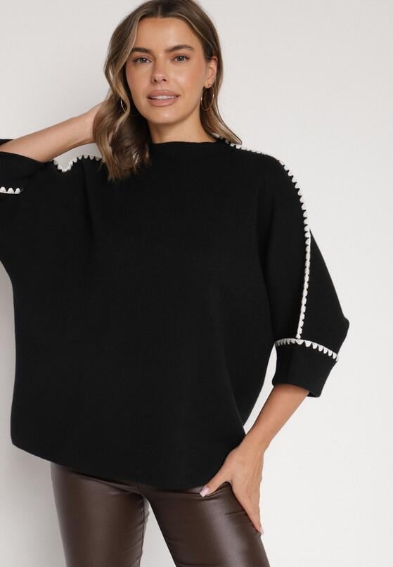 Czarny Sweter z Kontrastową Lamówką Tuselle 4