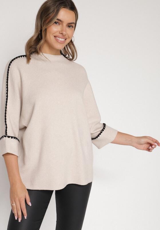 Beżowy Sweter z Kontrastową Lamówką Tuselle 2