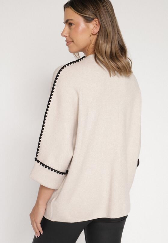 Beżowy Sweter z Kontrastową Lamówką Tuselle 3