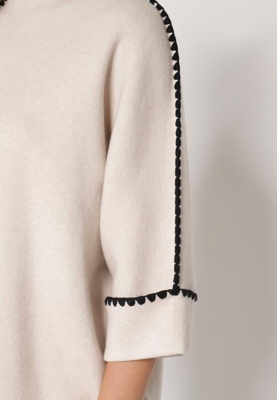 Beżowy Sweter z Kontrastową Lamówką Tuselle 5