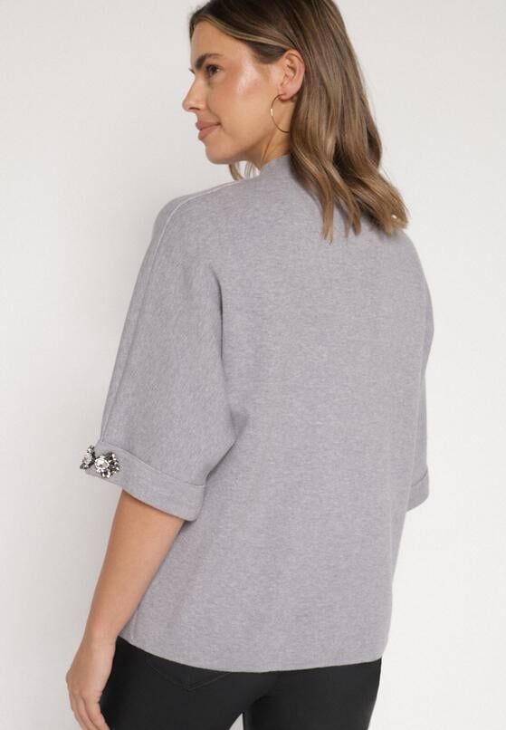 Szary Sweter Ozdobiony na Rękawach Cyrkoniami Aletusa 3