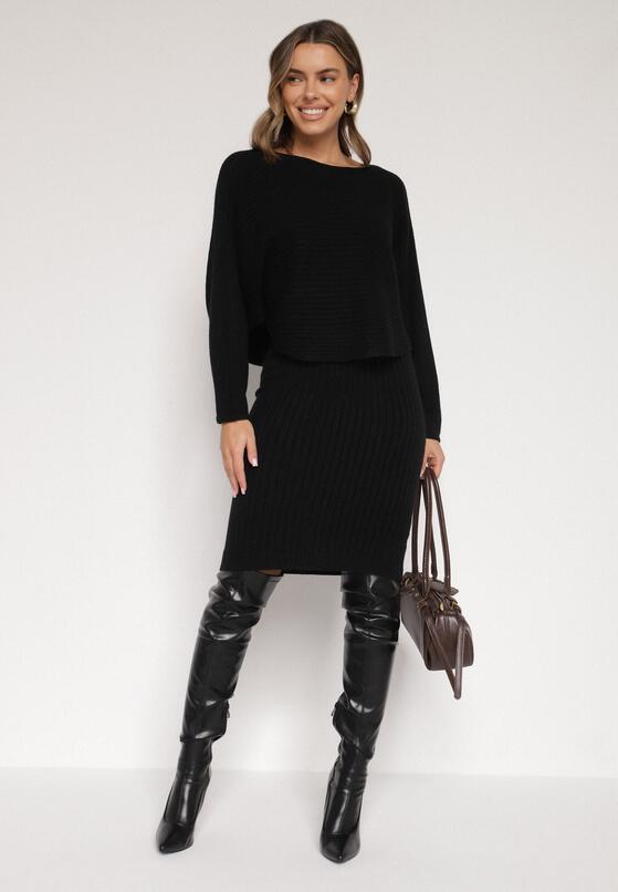 Czarny Dzianinowy Komplet Prążkowany Sukienka i Sweter o Kroju Nietoperz Wederela 3