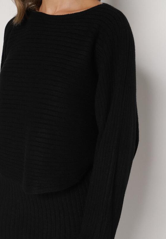 Czarny Dzianinowy Komplet Prążkowany Sukienka i Sweter o Kroju Nietoperz Wederela 5