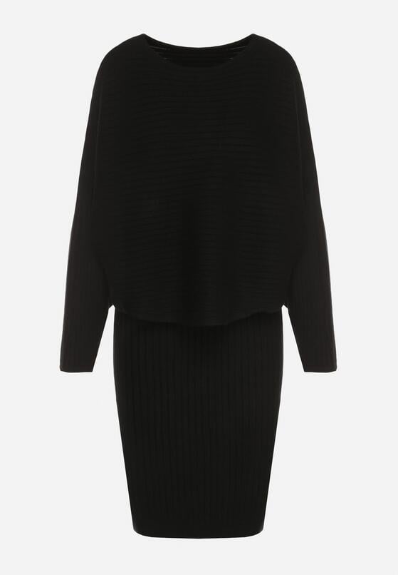 Czarny Dzianinowy Komplet Prążkowany Sukienka i Sweter o Kroju Nietoperz Wederela 6